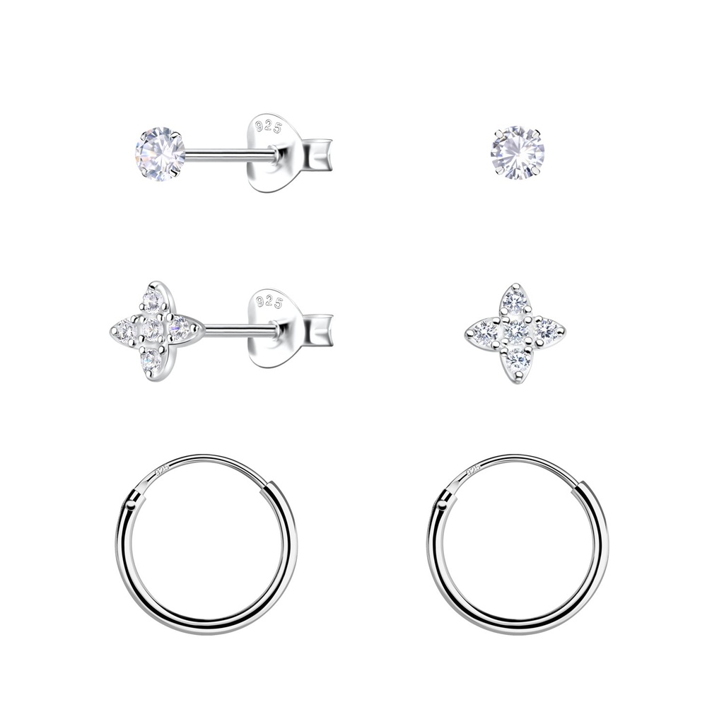 [10034519] Silver Flower Stud and Hoop Earrings Set