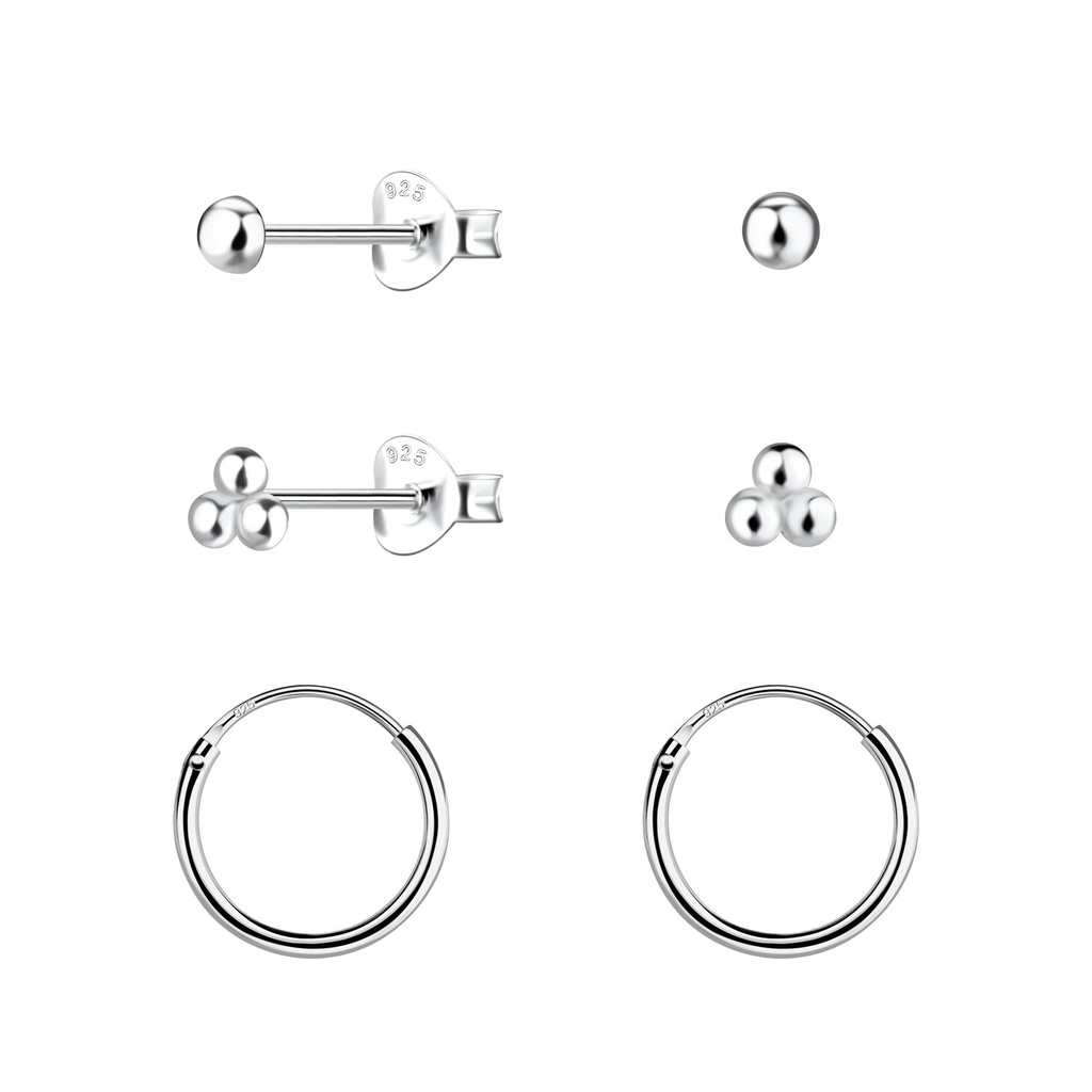 [10034520] Silver Ball Stud and Hoop Earrings Set