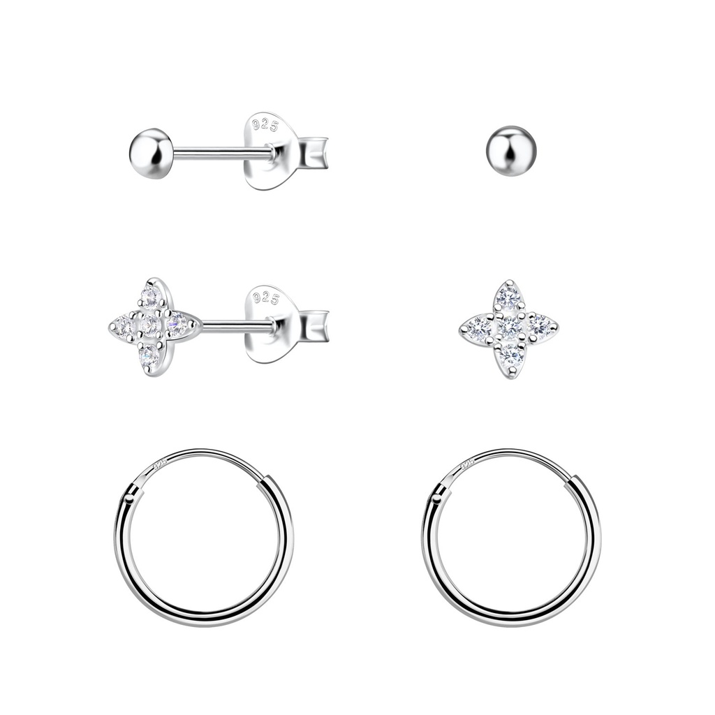 [10034521] Parure puces d'oreilles fleur et créoles en argent