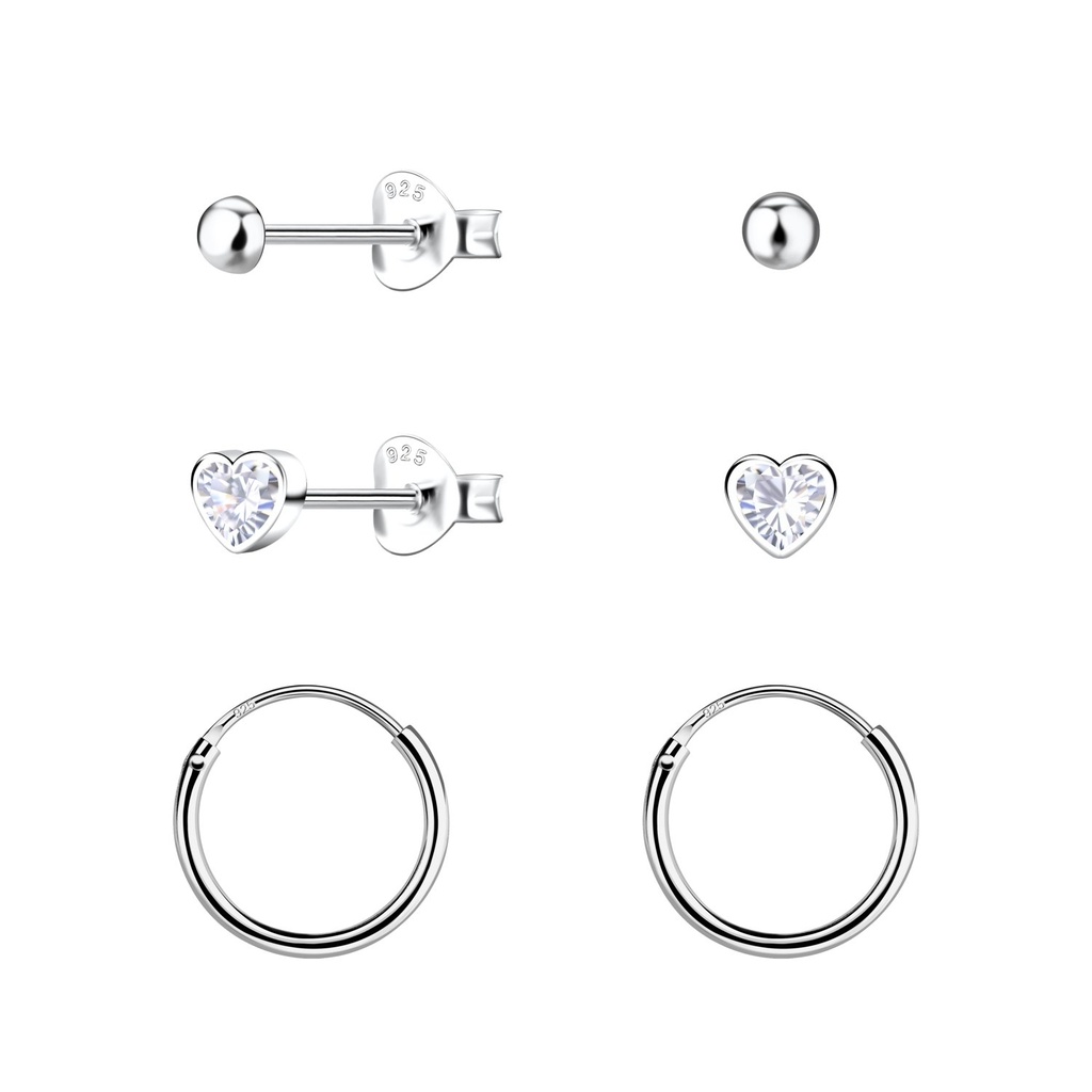 [10034530] Parure puces d'oreilles cœur et créoles en argent