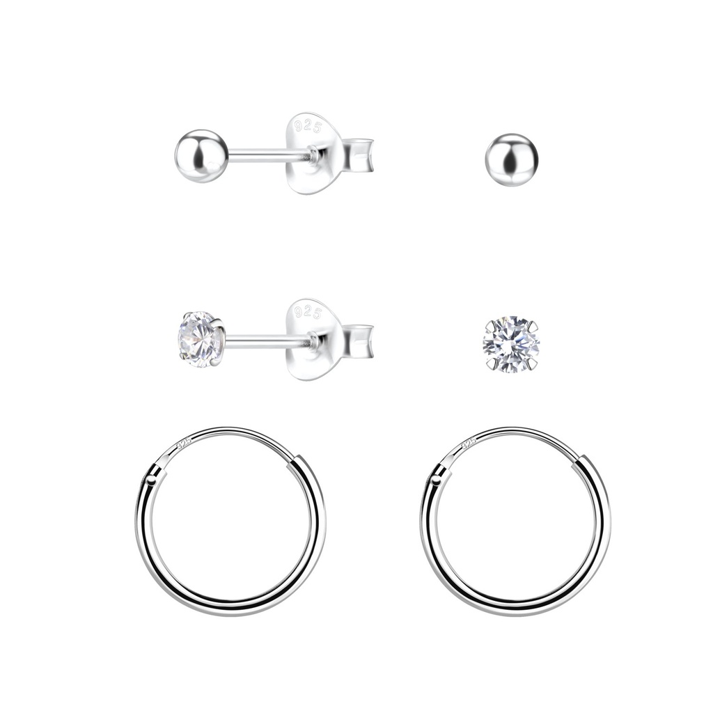 [10034053] Silver Basic Studs And Hoop Earrings Set