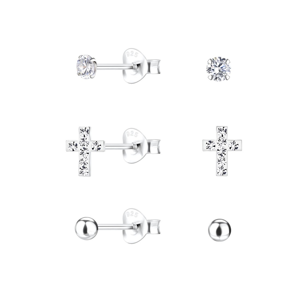 [10034023] Silver Cross Stud Earrings Set
