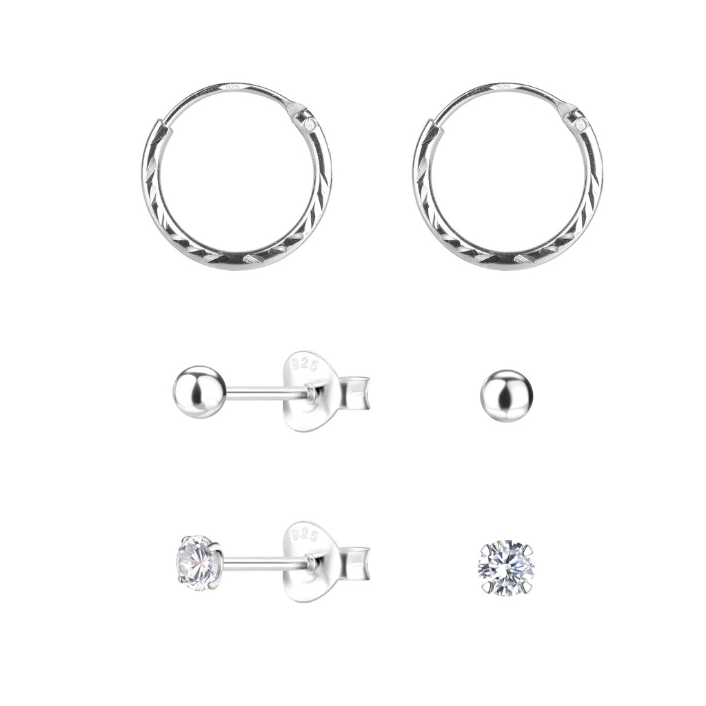 [10034060] Parure puces basiques et créoles en argent 3 mm