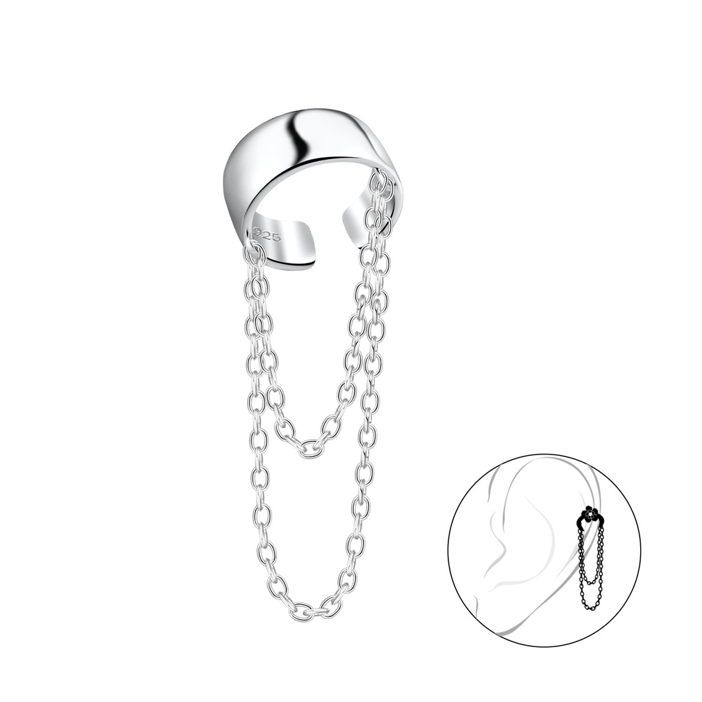 [10031990] 4mm Silver Band Ear Cuff with Chain