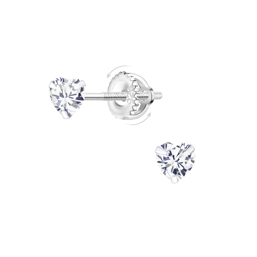 [10033486] 4mm Heart Cubic Zirconia Silver Screw Back Earrings