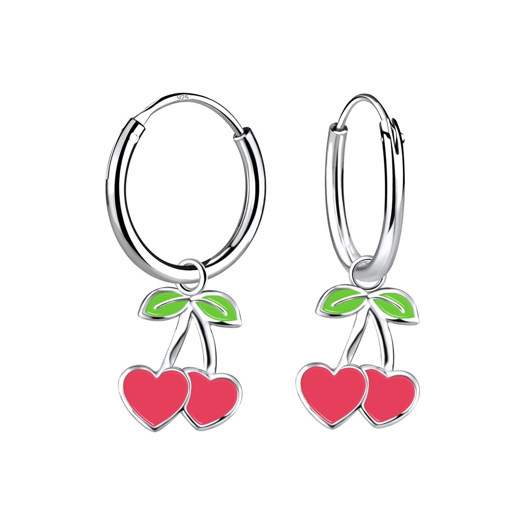 [10034928] Créoles breloque cœur cerise en argent