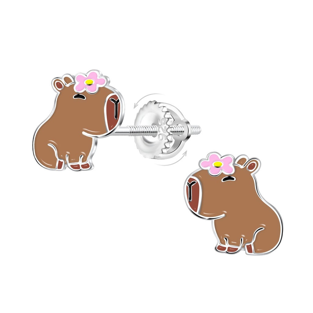 [10033469] Silver Capybara Screw Back Earrings