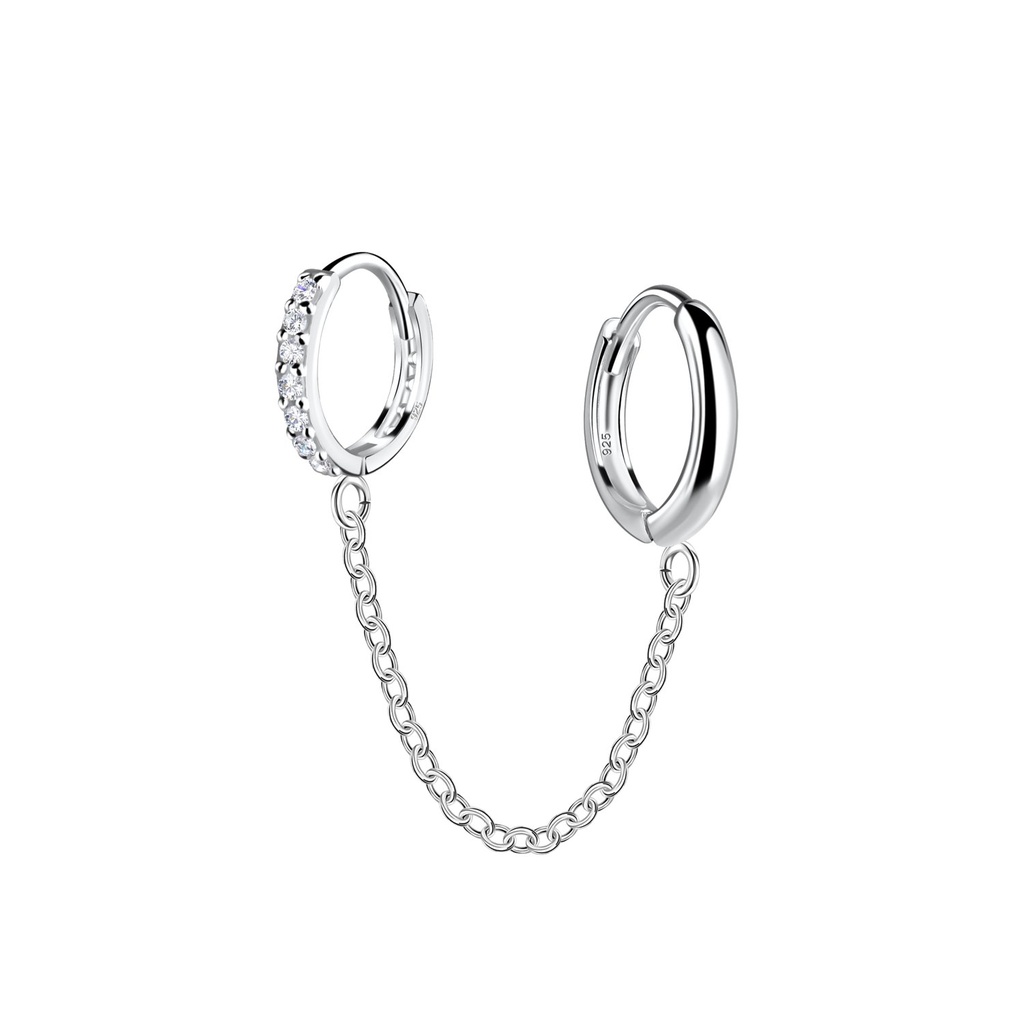11mm Silver Double Huggie Earrings with Chain