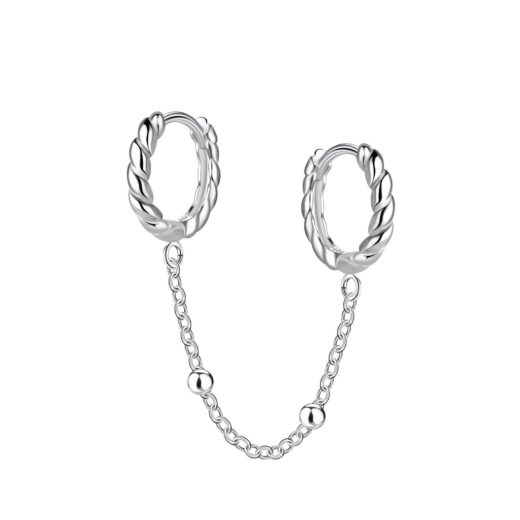 [10034317] Créoles huggie doubles torsadées en argent 12 mm avec chaîne