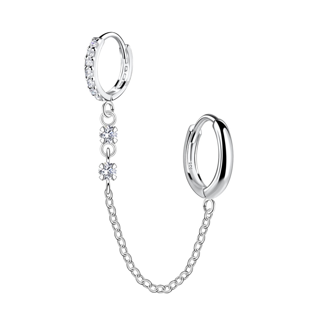 [10034314] 11mm Silver Double Huggie Earrings with Chain