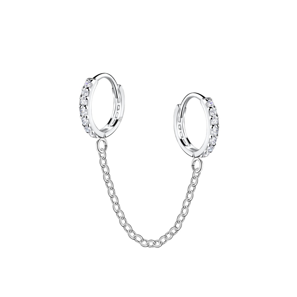 [10034288] 10mm Silver Double Huggie Earrings with Chain