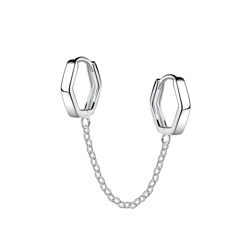 [10034290] 11mm Silver Double Geometric Huggie Earrings with Chain