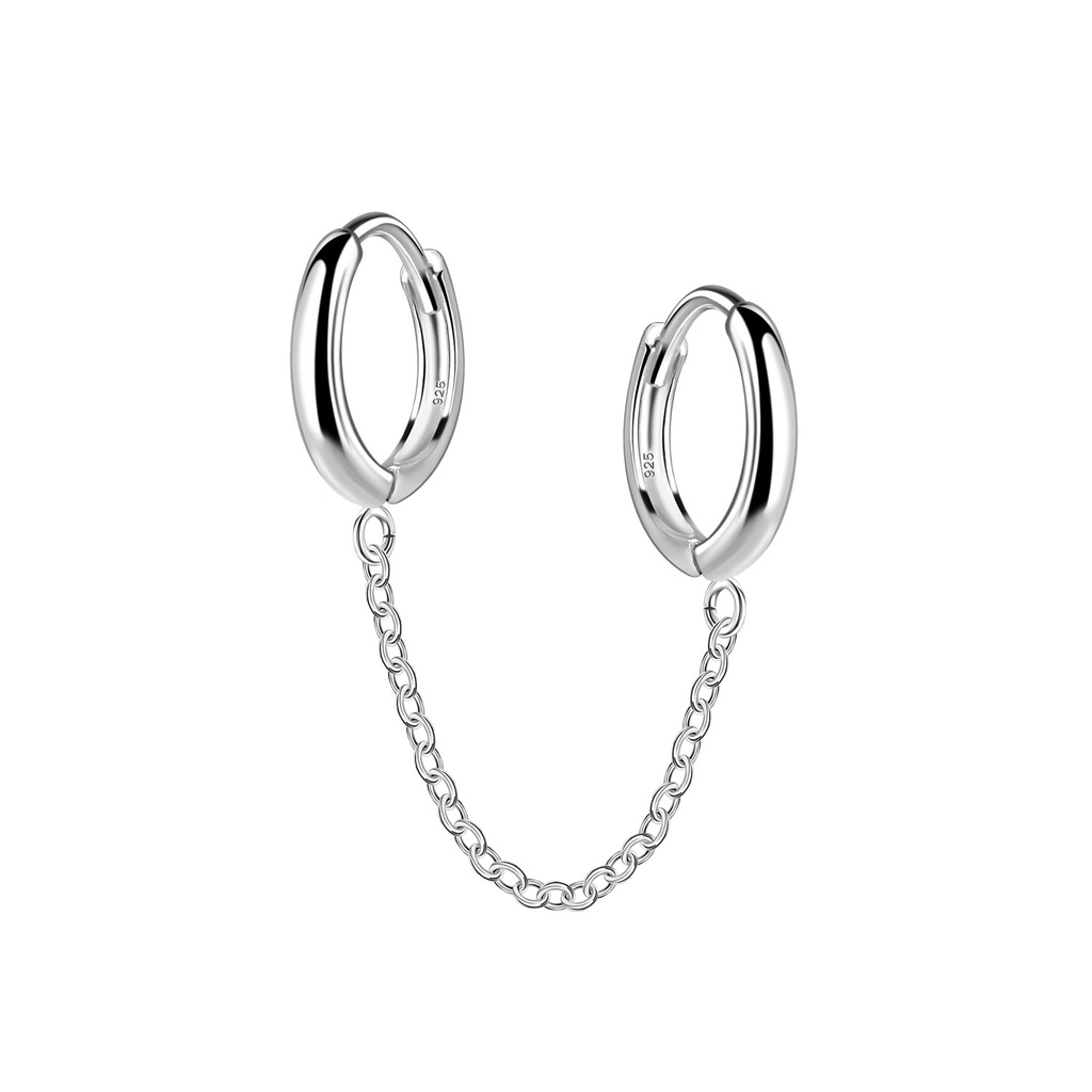 [10034292] 11mm Silver Double Huggie Earrings with Chain