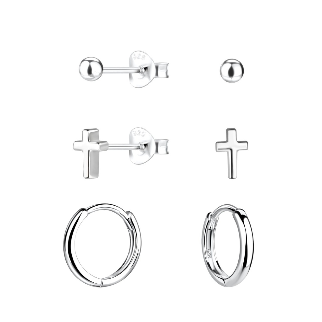 [10034055] Parure puces d'oreilles croix et créoles huggie en argent