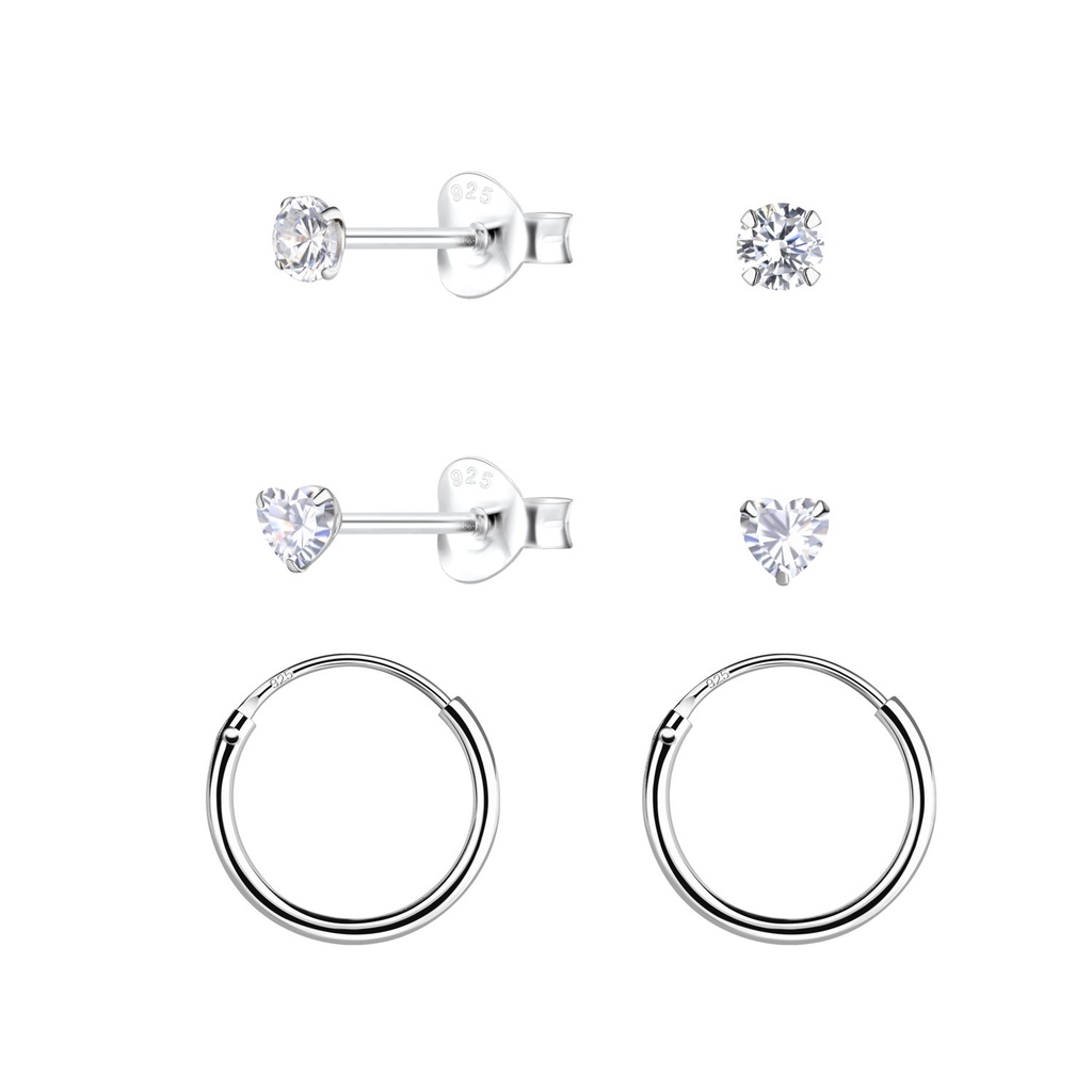 [10034044] Parure puces d'oreilles zircon cœur et créoles en argent 3 mm
