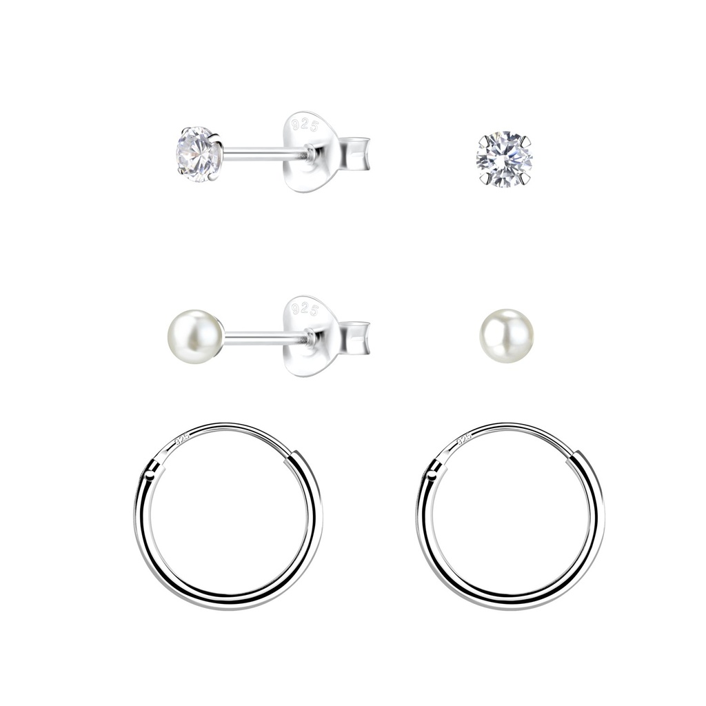 [10034061] 3mm Mixed Silver Studs and Hoop Earrings Set