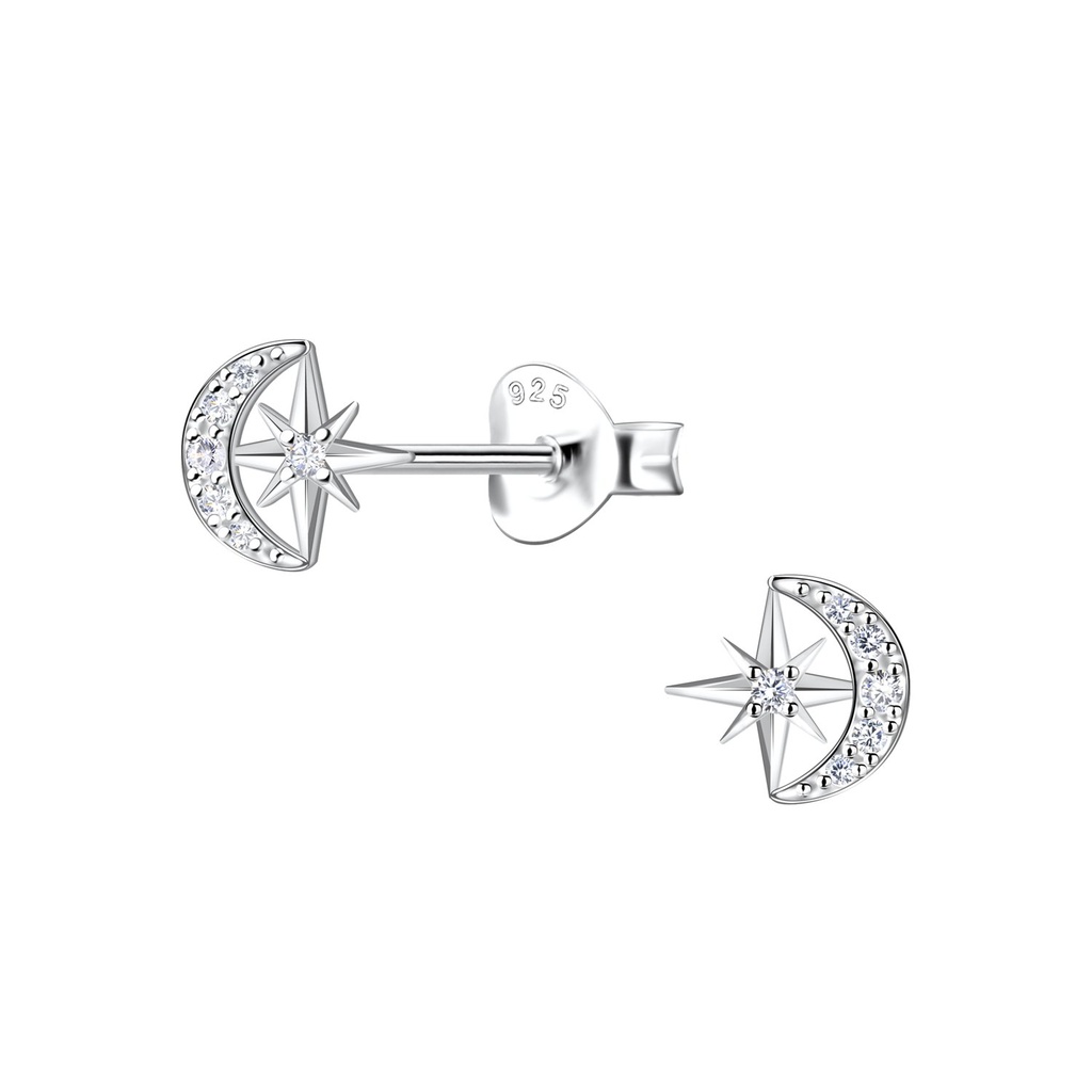 Puces d'oreilles lune et éclat d'étoile en argent