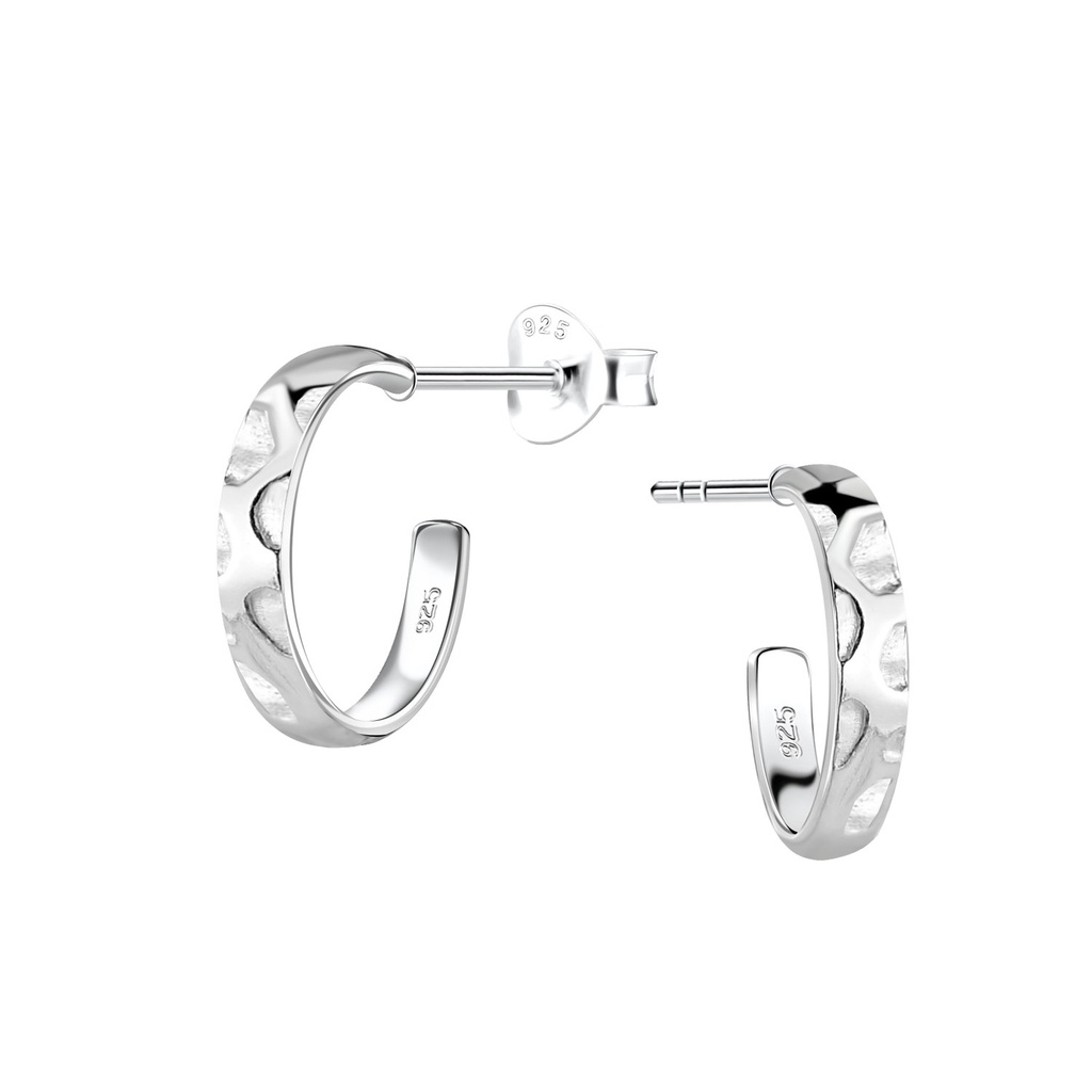 Silver Patterned Half Hoop Stud Earrings 