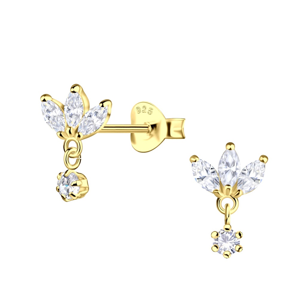 Silver Flower Stud Earrings with Hanging Stone