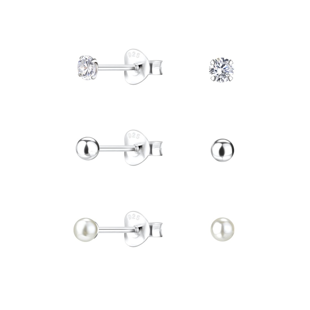 3mm Mixed Silver Stud Earrings Set
