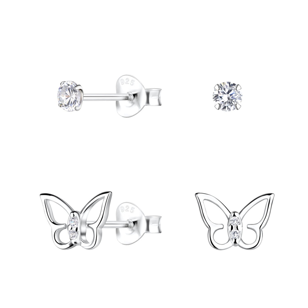 Silver Butterfly Stud Earrings Set