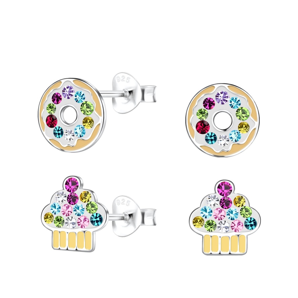[10033969] Silver Donut and Cupcake Stud Earrings Set
