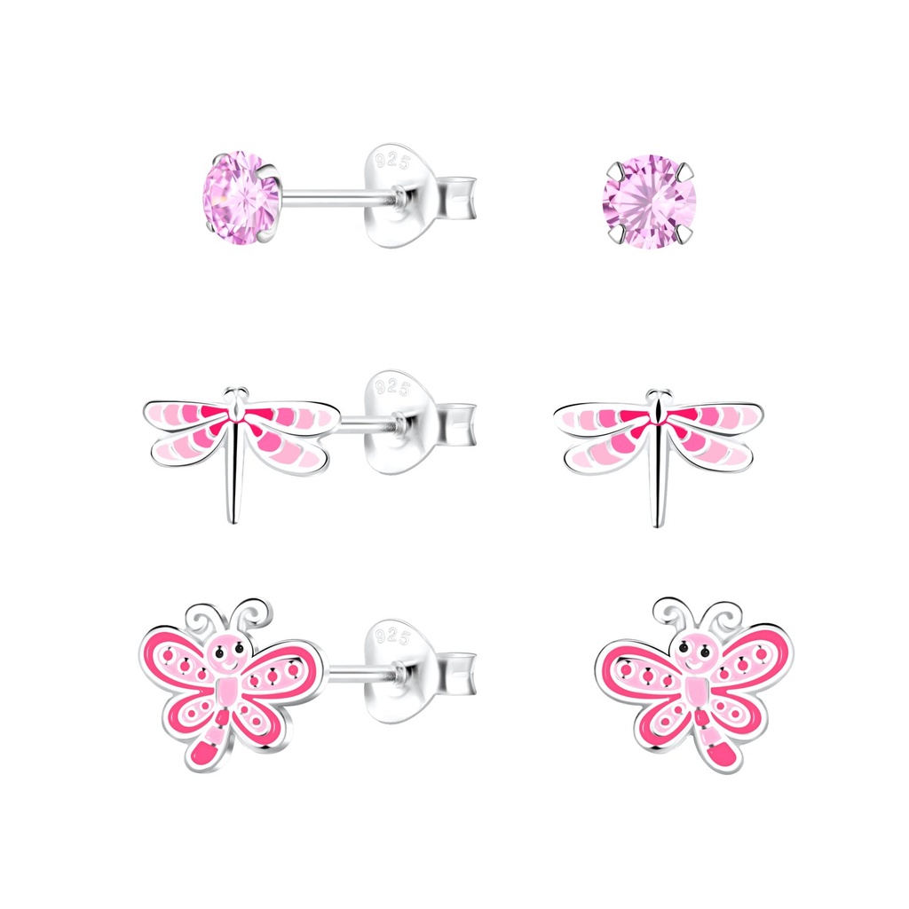[10034005] Silver Dragonfly and Butterfly Stud Earrings Set
