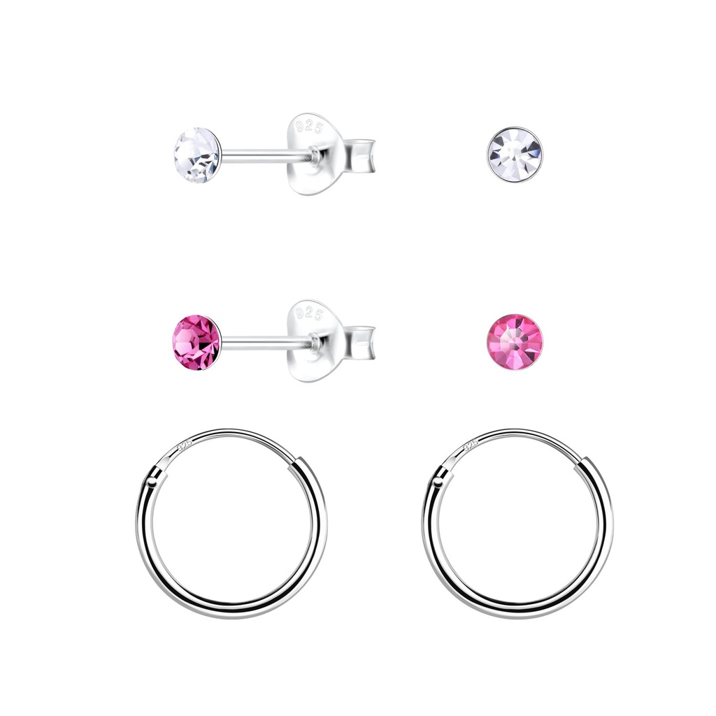 3mm Crystal Silver Stud and Hoop Earrings Set