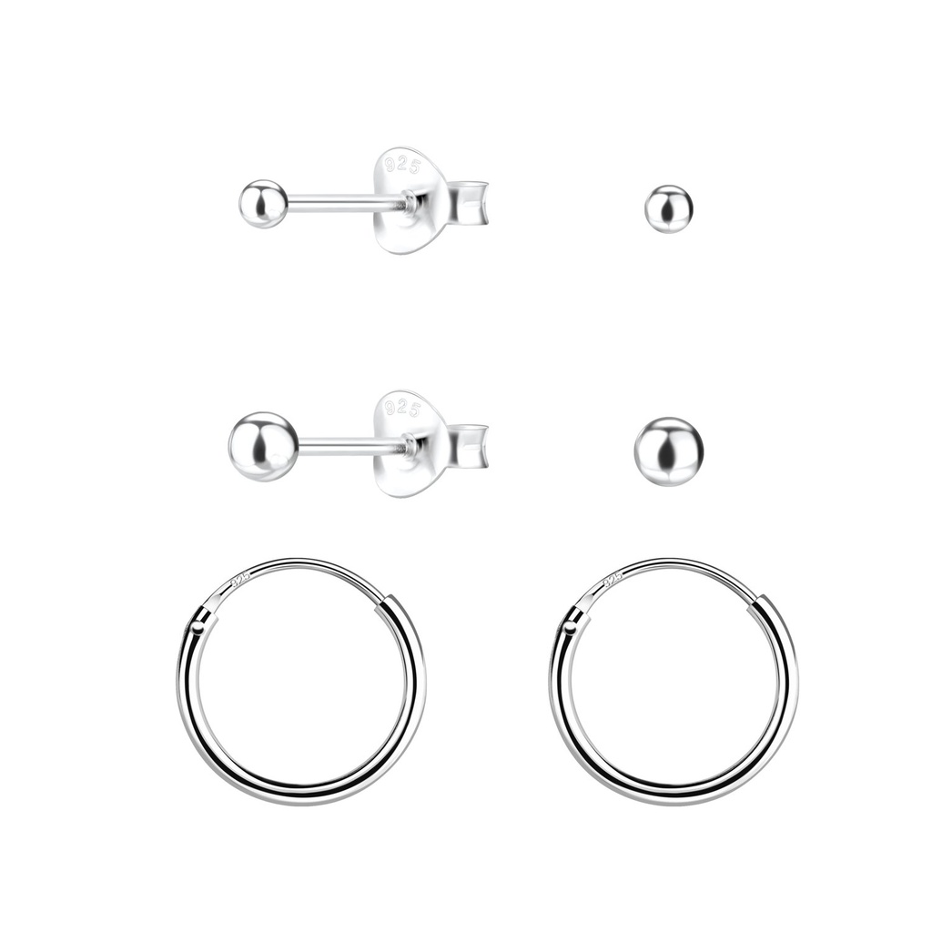 [10034050] Silver Ball Studs and Hoop Earrings Set