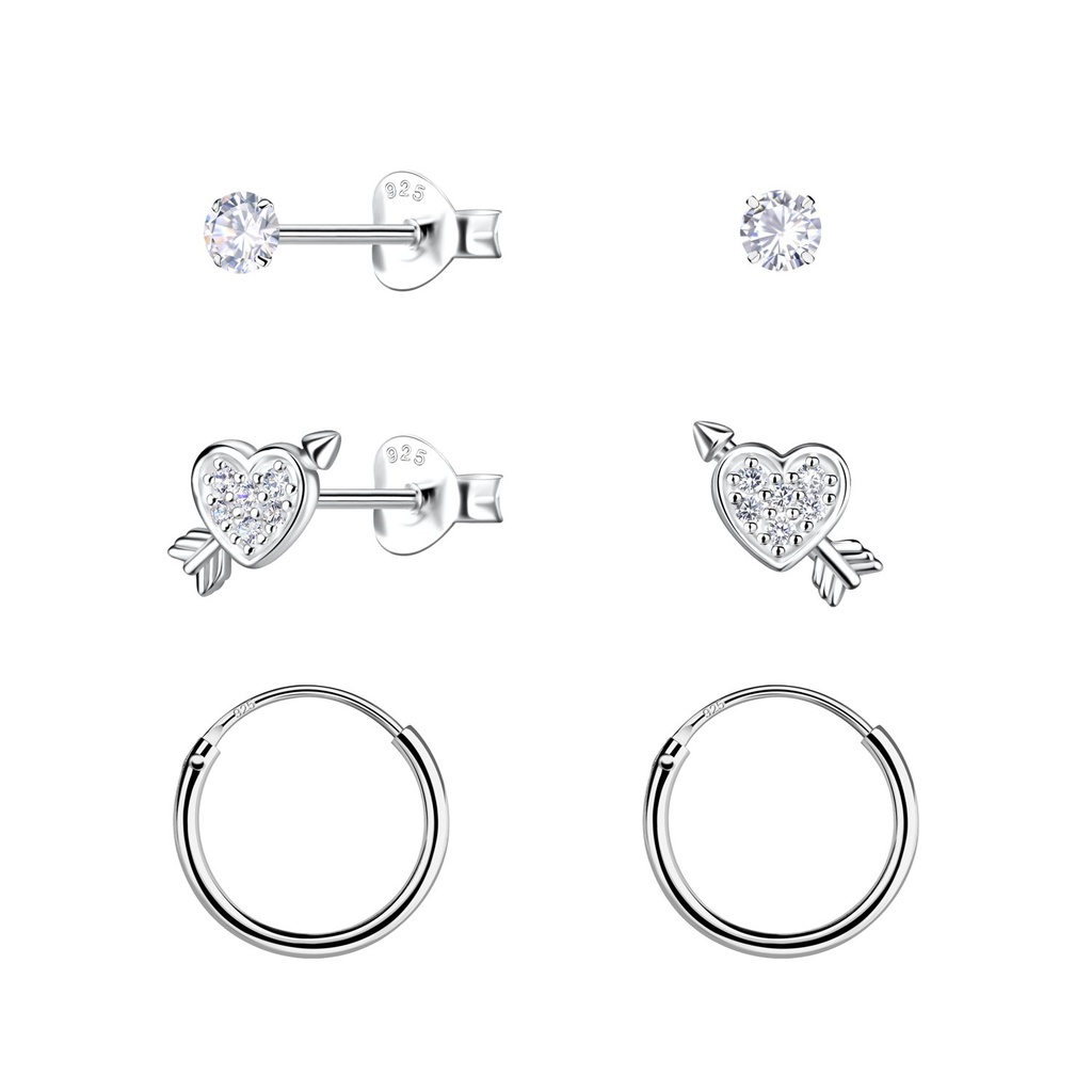 [10034526] Parure puces d'oreilles cœur et créoles en argent