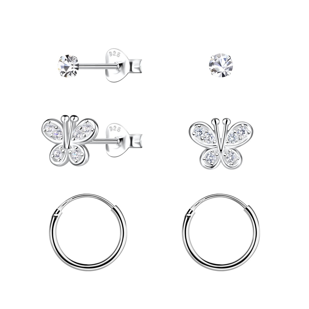 [10034527] Silver Butterfly Stud and Hoop Earrings Set