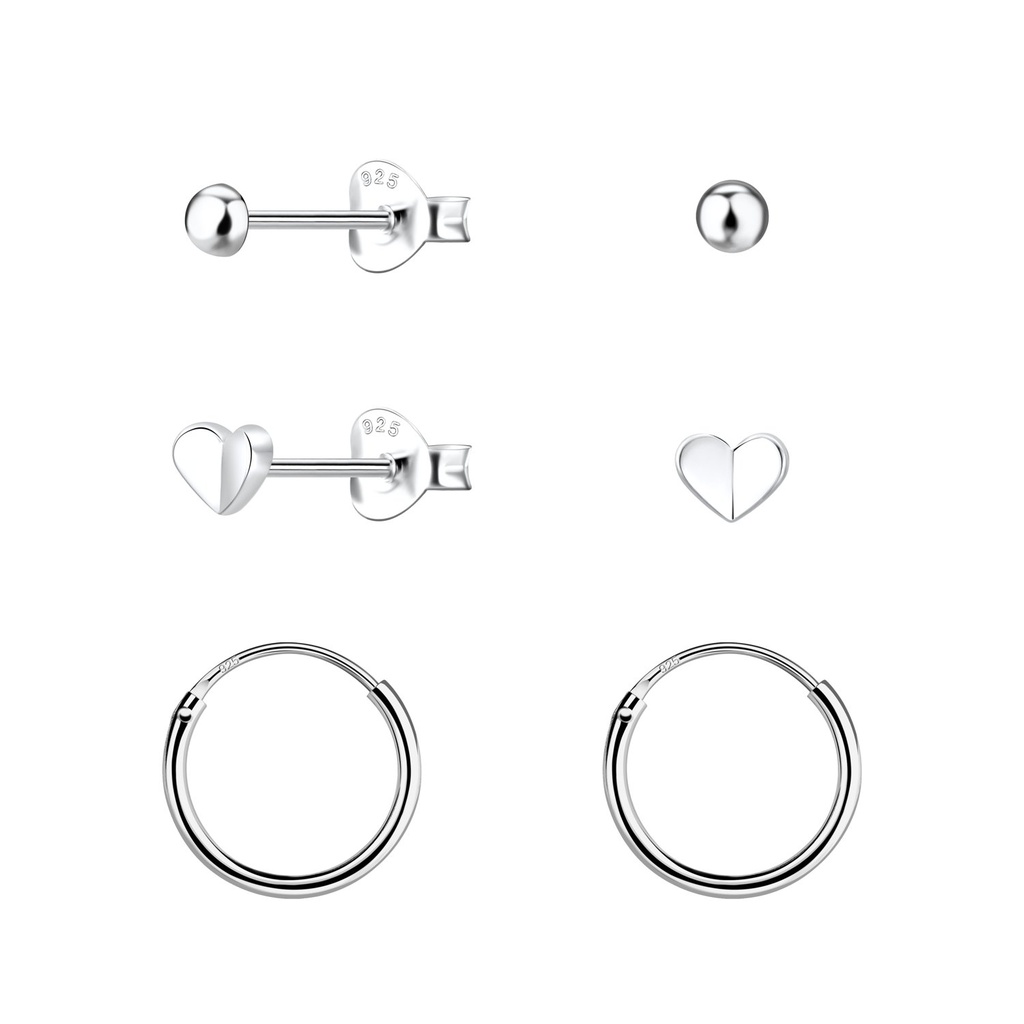 [10034534] Parure puces d'oreilles cœur et créoles en argent