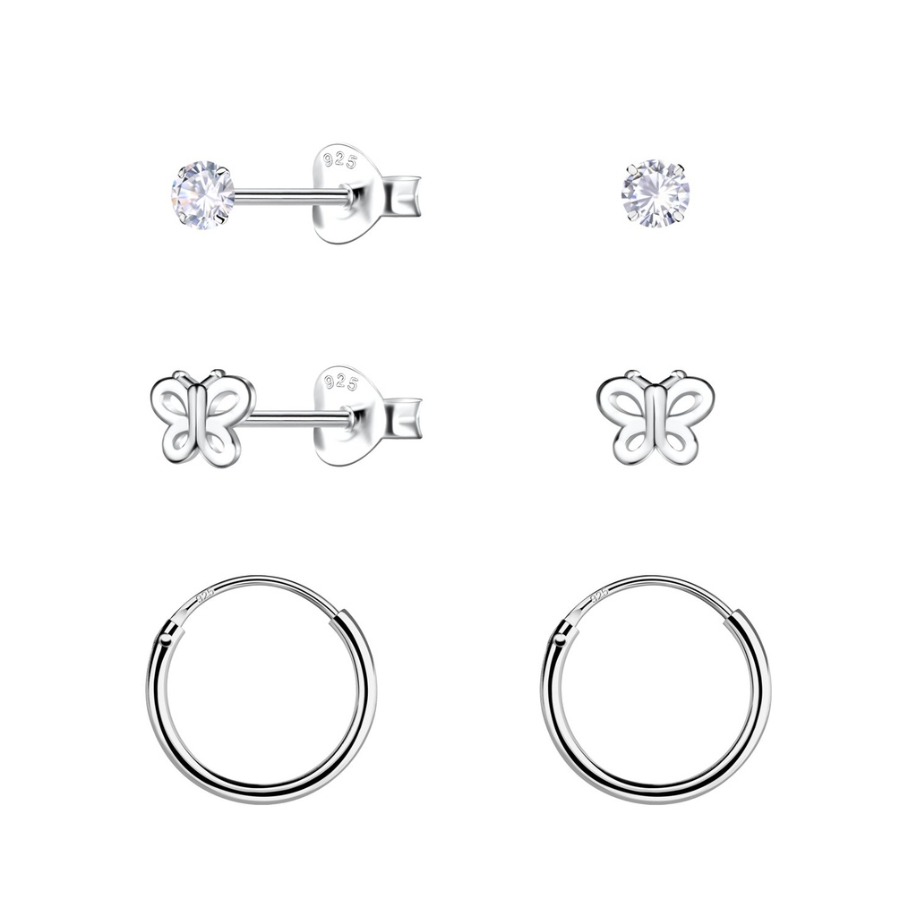 Parure puces d'oreilles papillon et créoles en argent