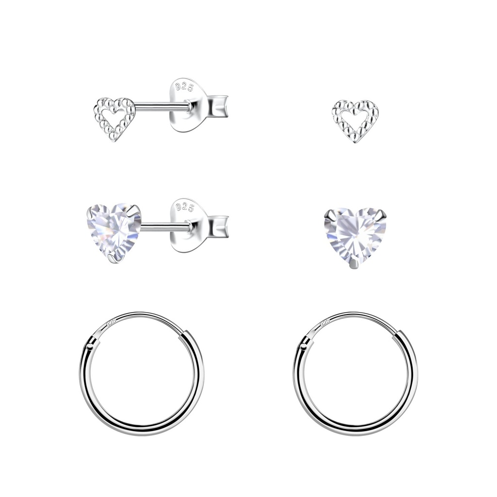 [10034533] Silver Heart Stud and Hoop Earrings Set
