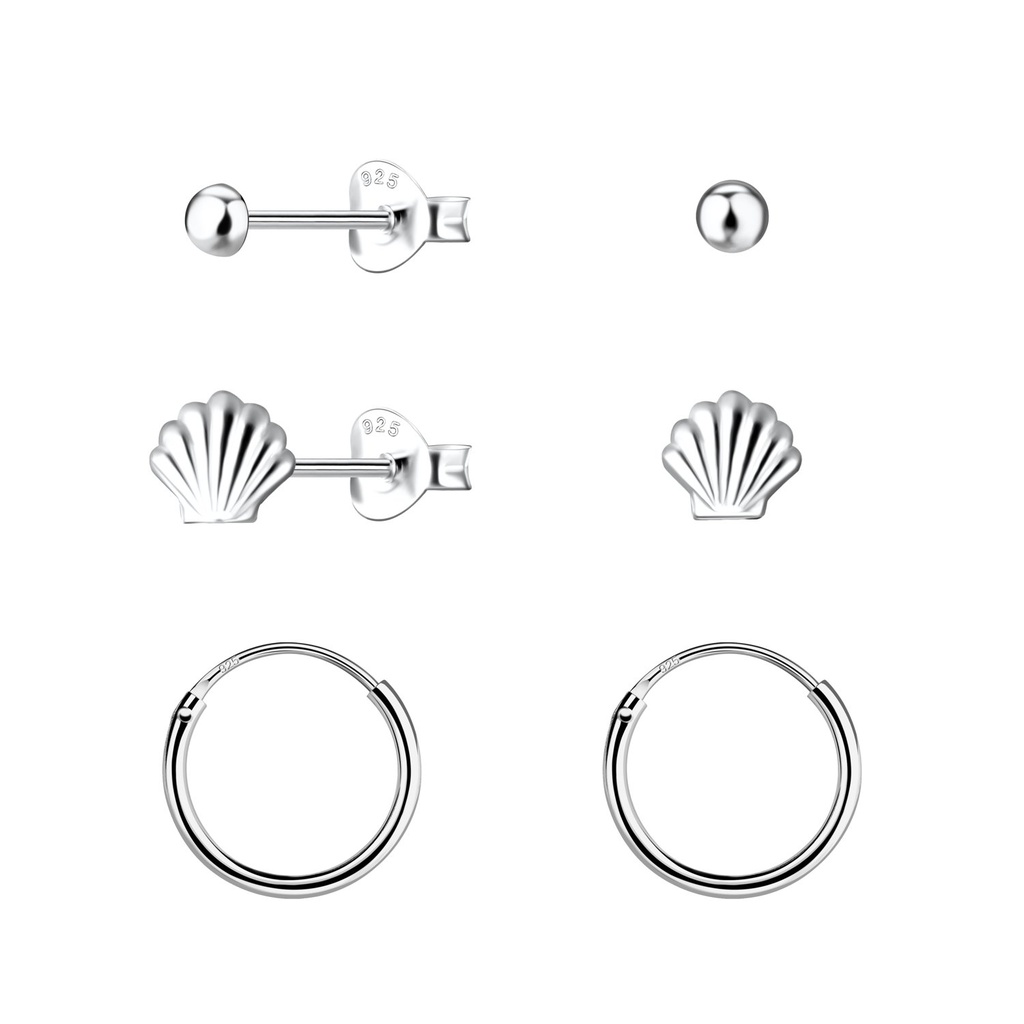 Parure puces d'oreilles coquillage et créoles en argent