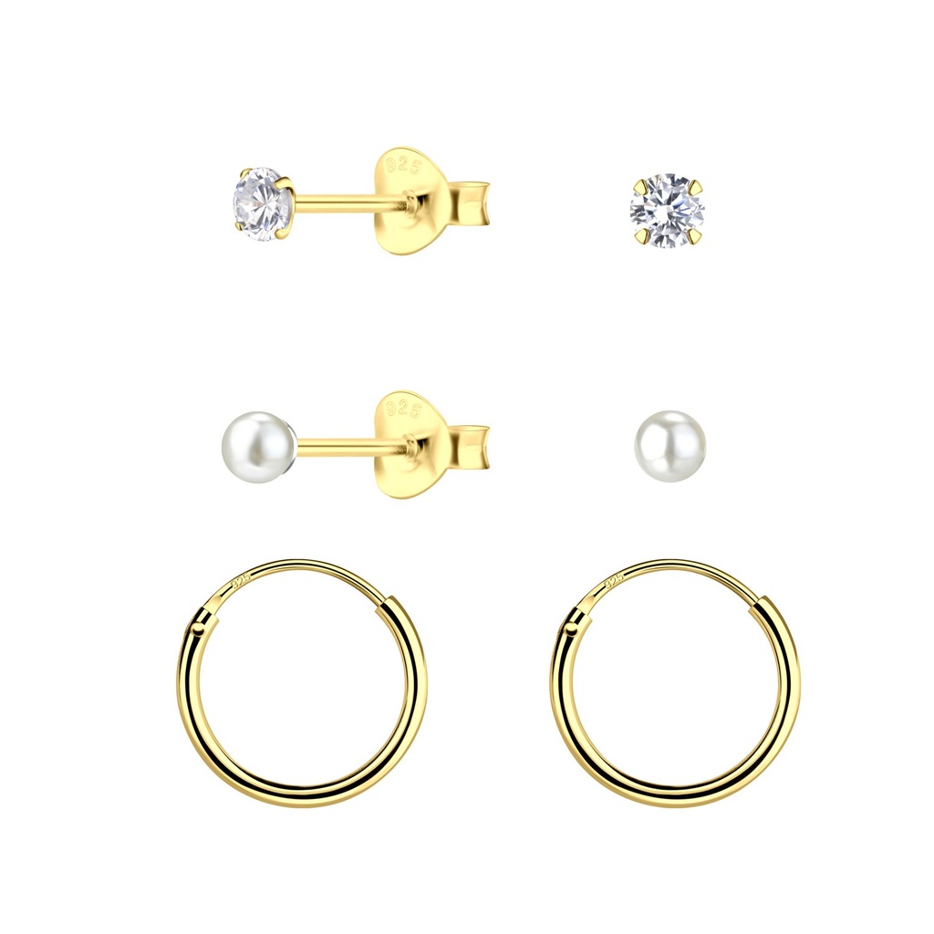 [10034073] Parure puces assorties et créoles en argent 3 mm