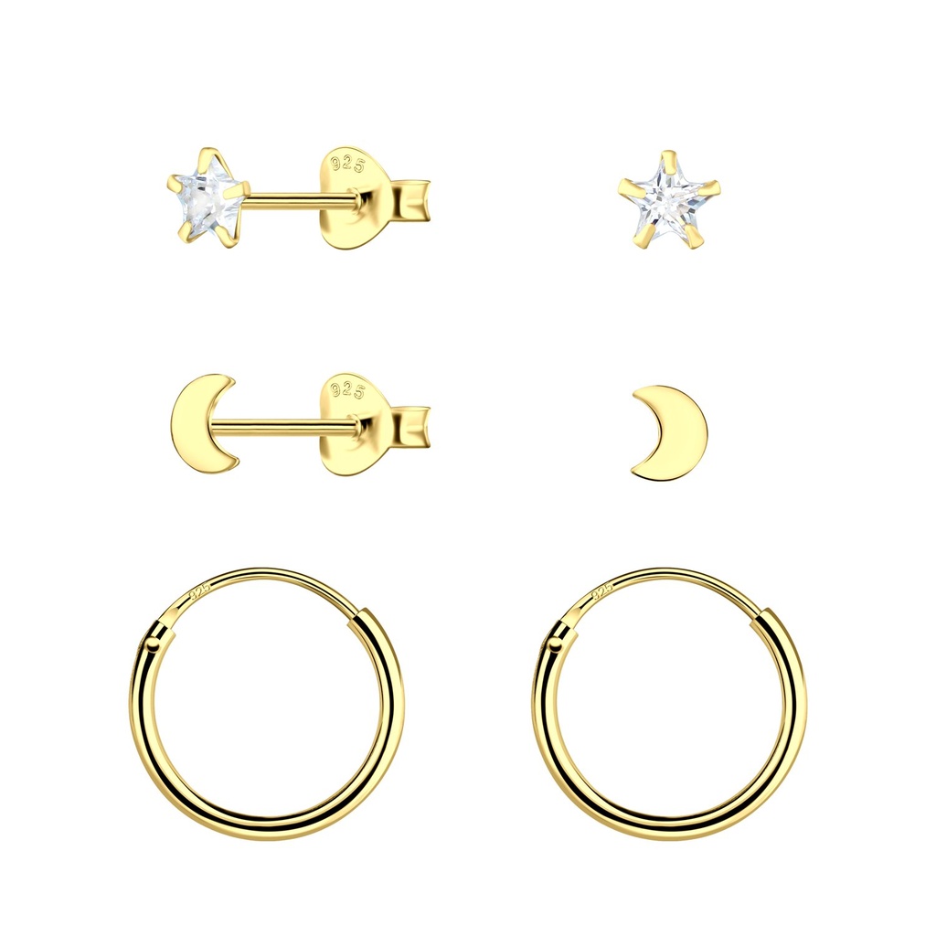 [10034536] Silver Star Moon Stud and Hoop Earrings Set