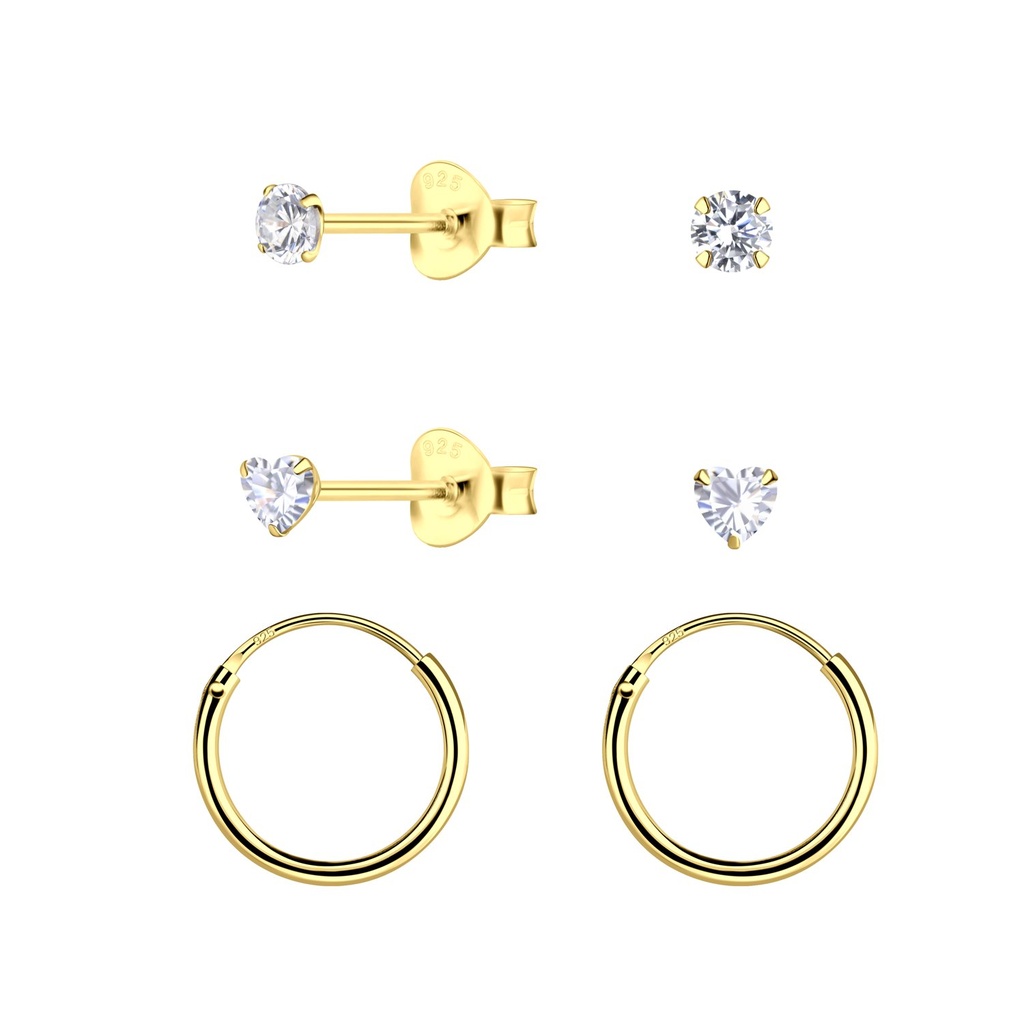 [10034075] 3mm Cubic Zirconia Silver Studs and Hoop Earrings Set