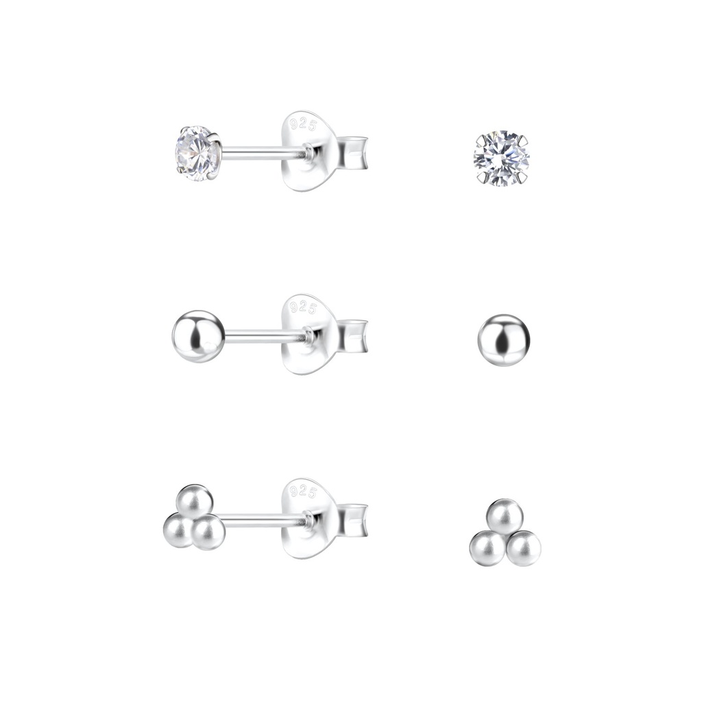 [10034018] Silver Ball Stud Earrings Set