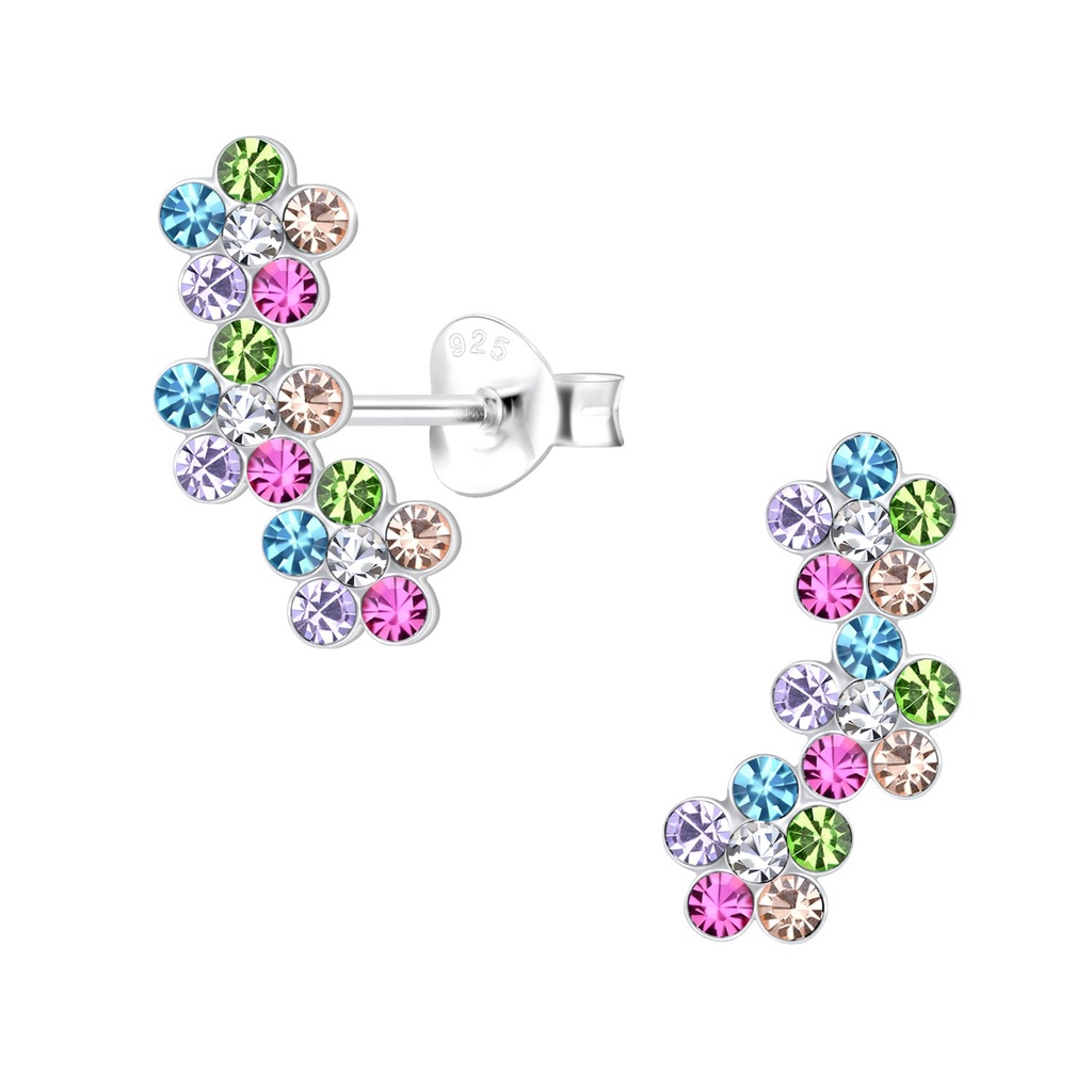 [10032889] Silver Triple Crystal Flower Stud Earrings