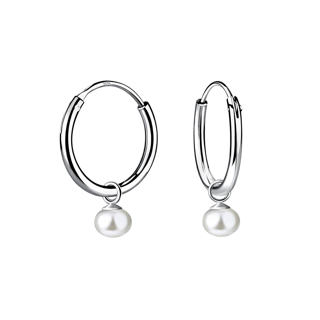 Créoles breloque perle d'eau douce en argent 4 mm
