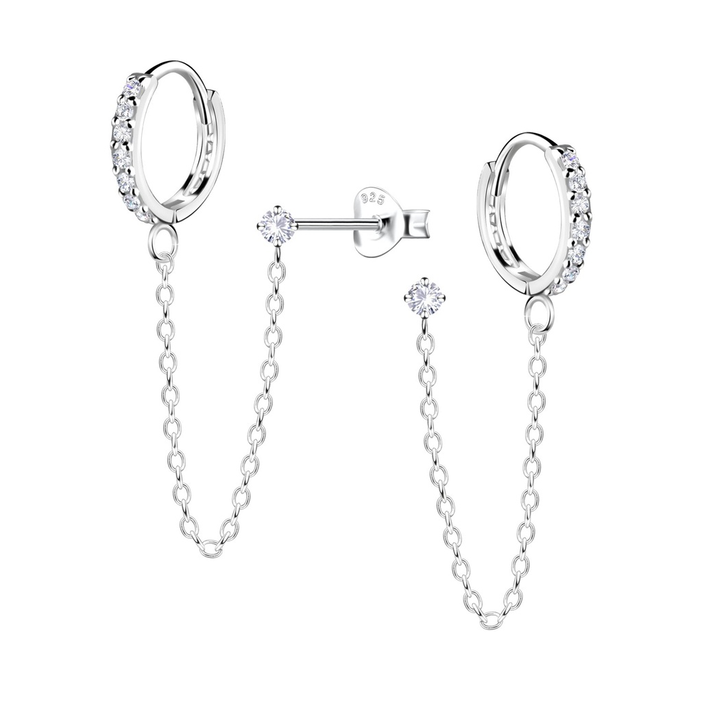 Créoles huggie en argent 12 mm avec puces d'oreilles zircon rond 2 mm