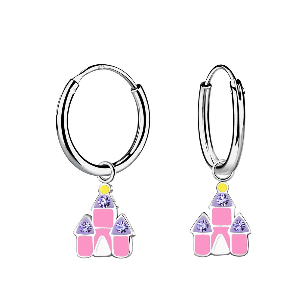 Silver Castle Charm Hoop Earrings