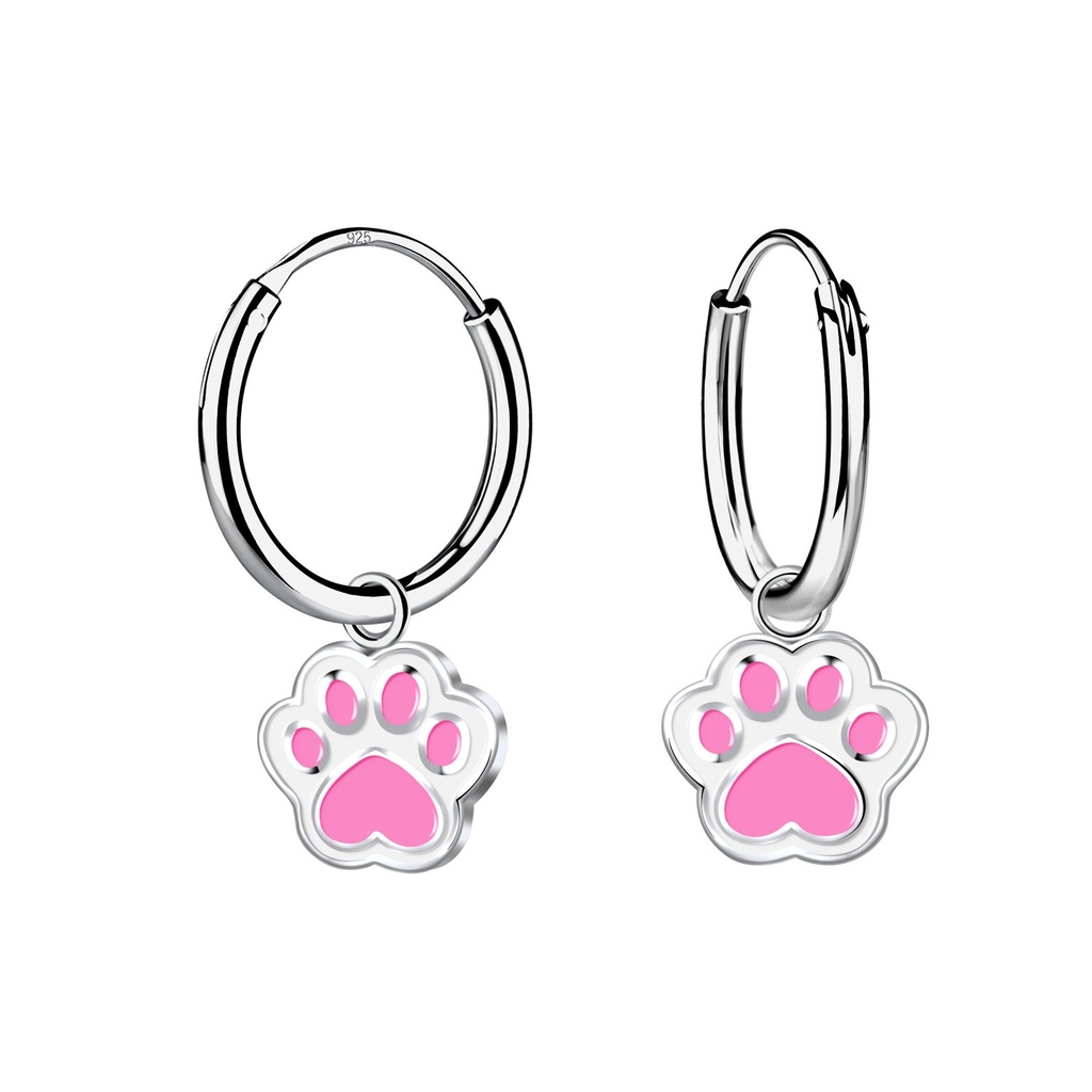 [10017166] Silver Paw Print Charm Hoop Earrings