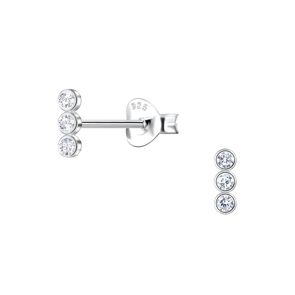 Silver Three Stone Stud Earrings