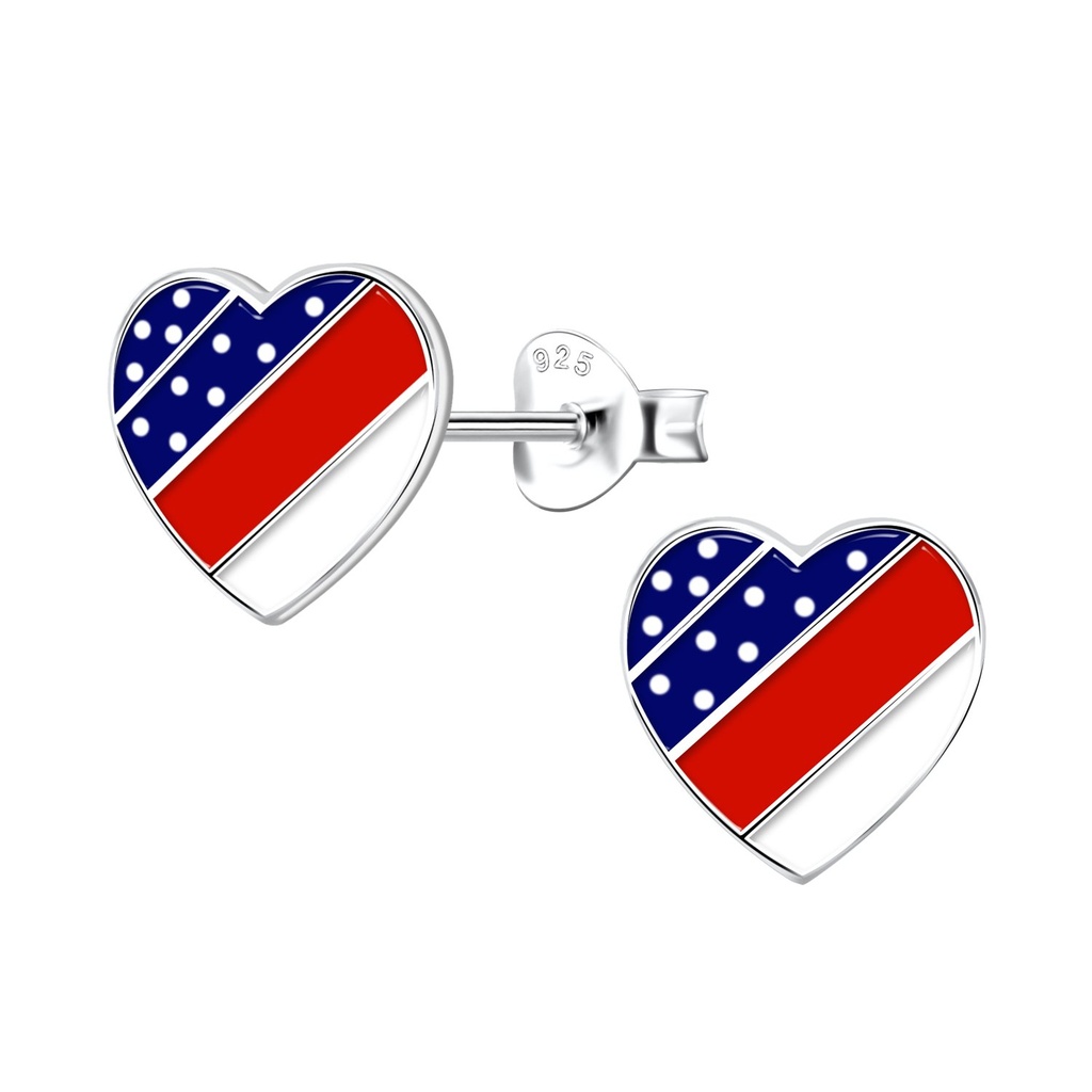 Silver USA Heart Stud Earrings