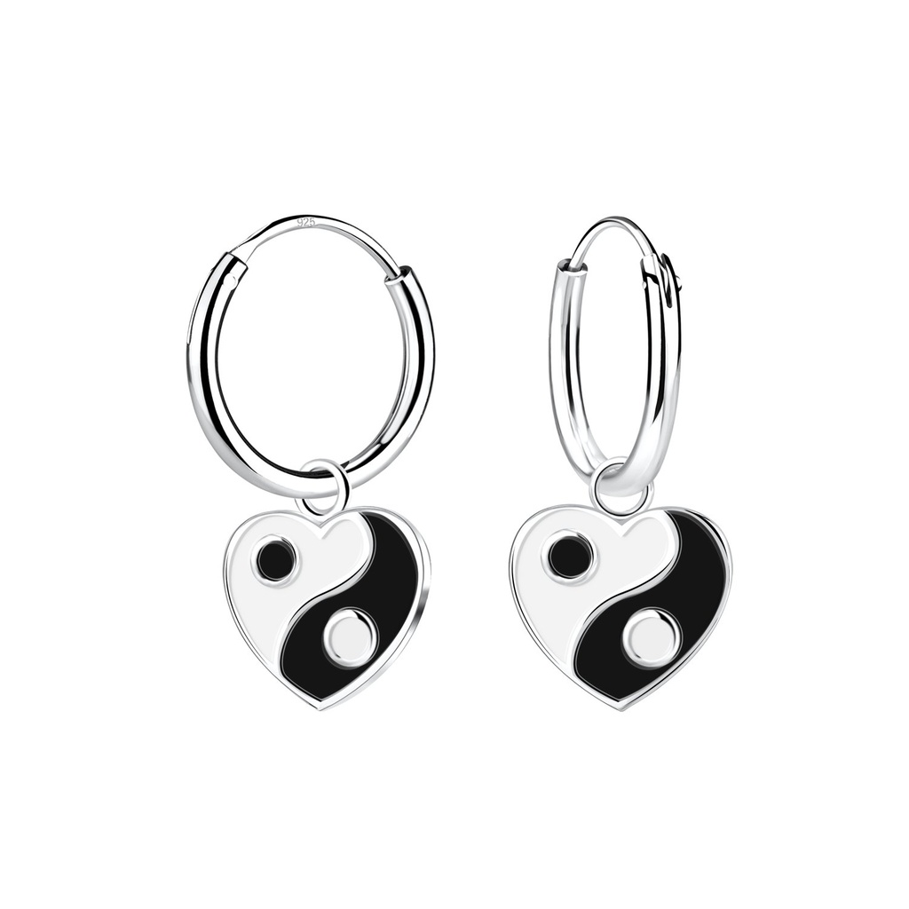 Silver Yin Yang Heart Charm Hoop Earrings