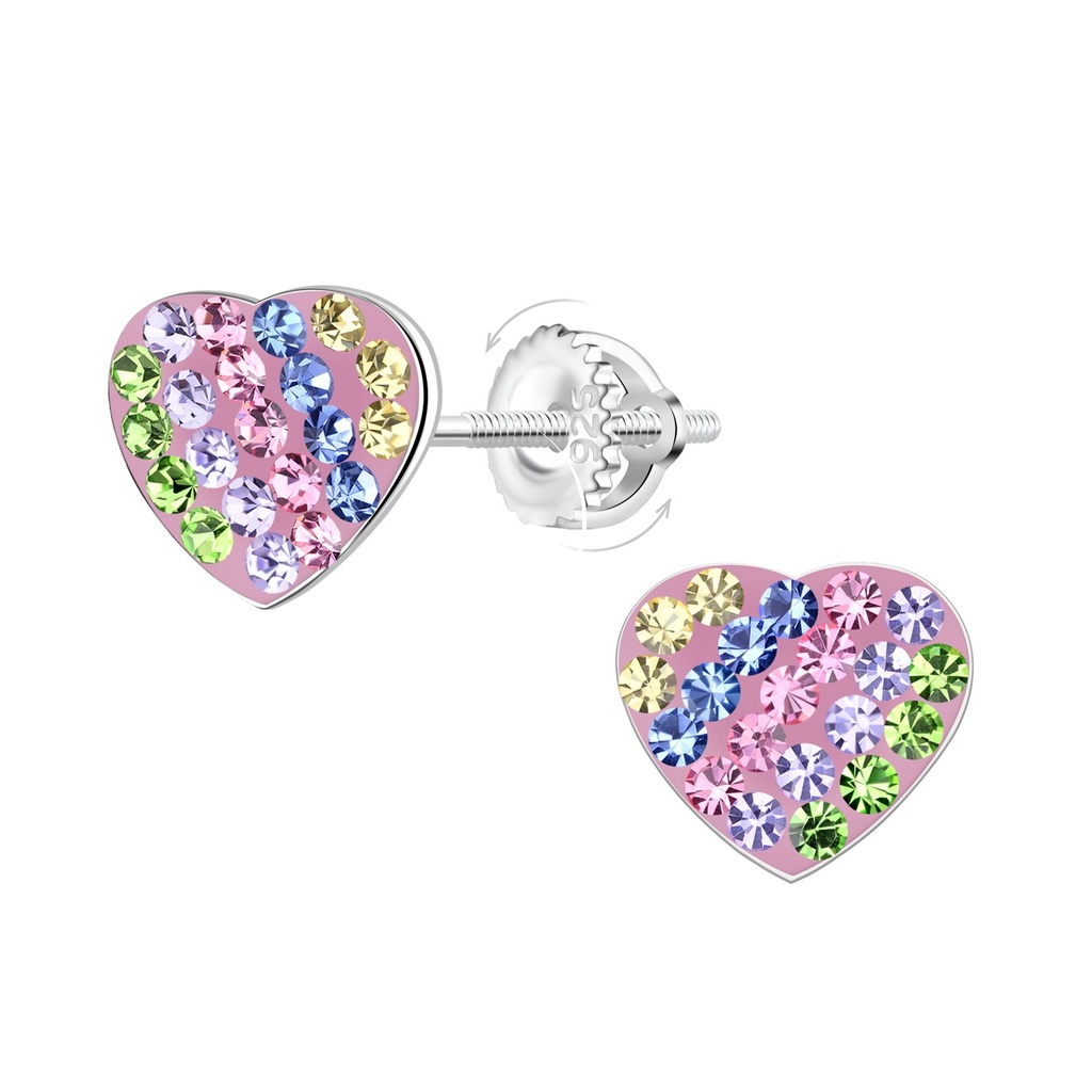 [10032252] Silver Heart Crystal Screw Back Earrings