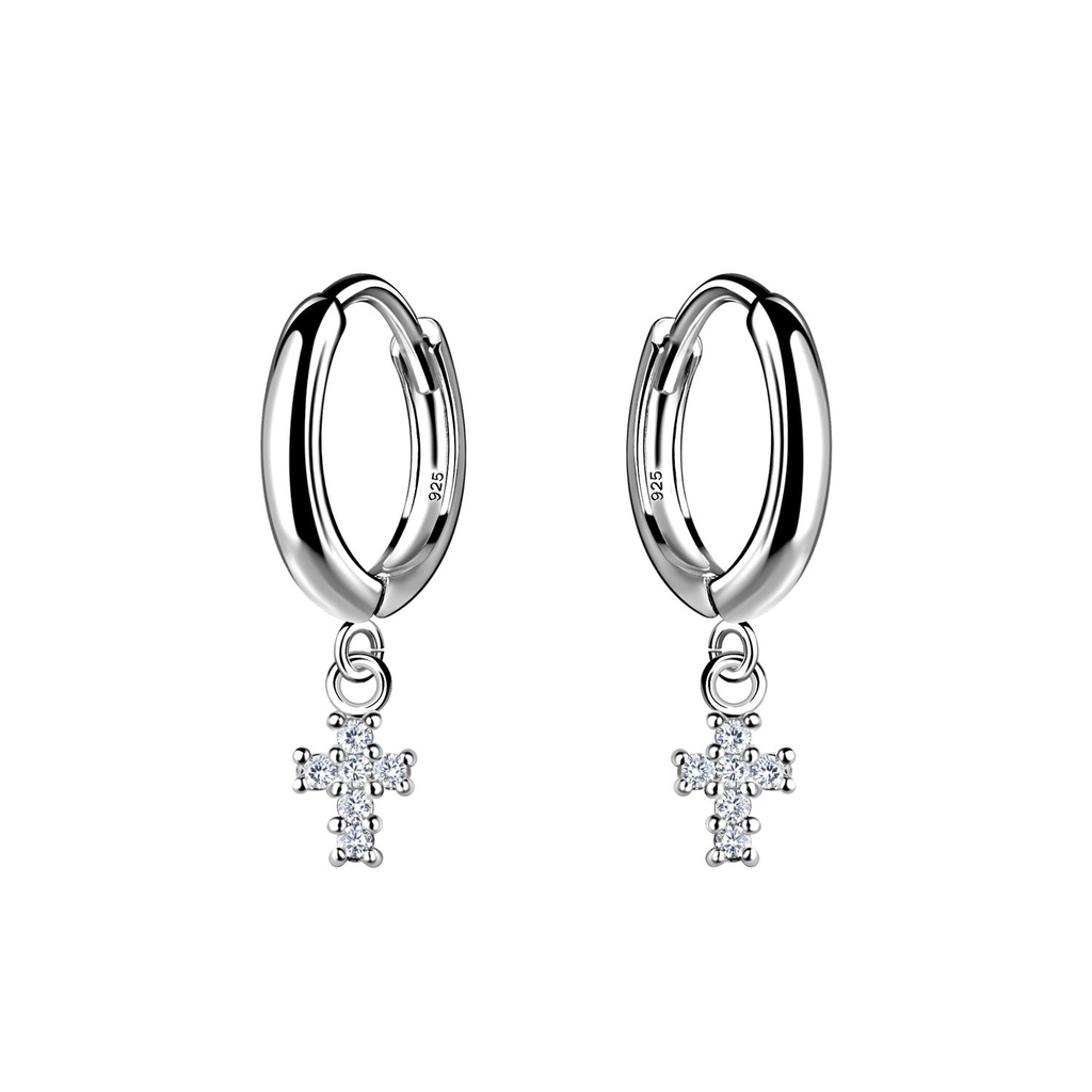Silver Cross Charm Huggie Earrings