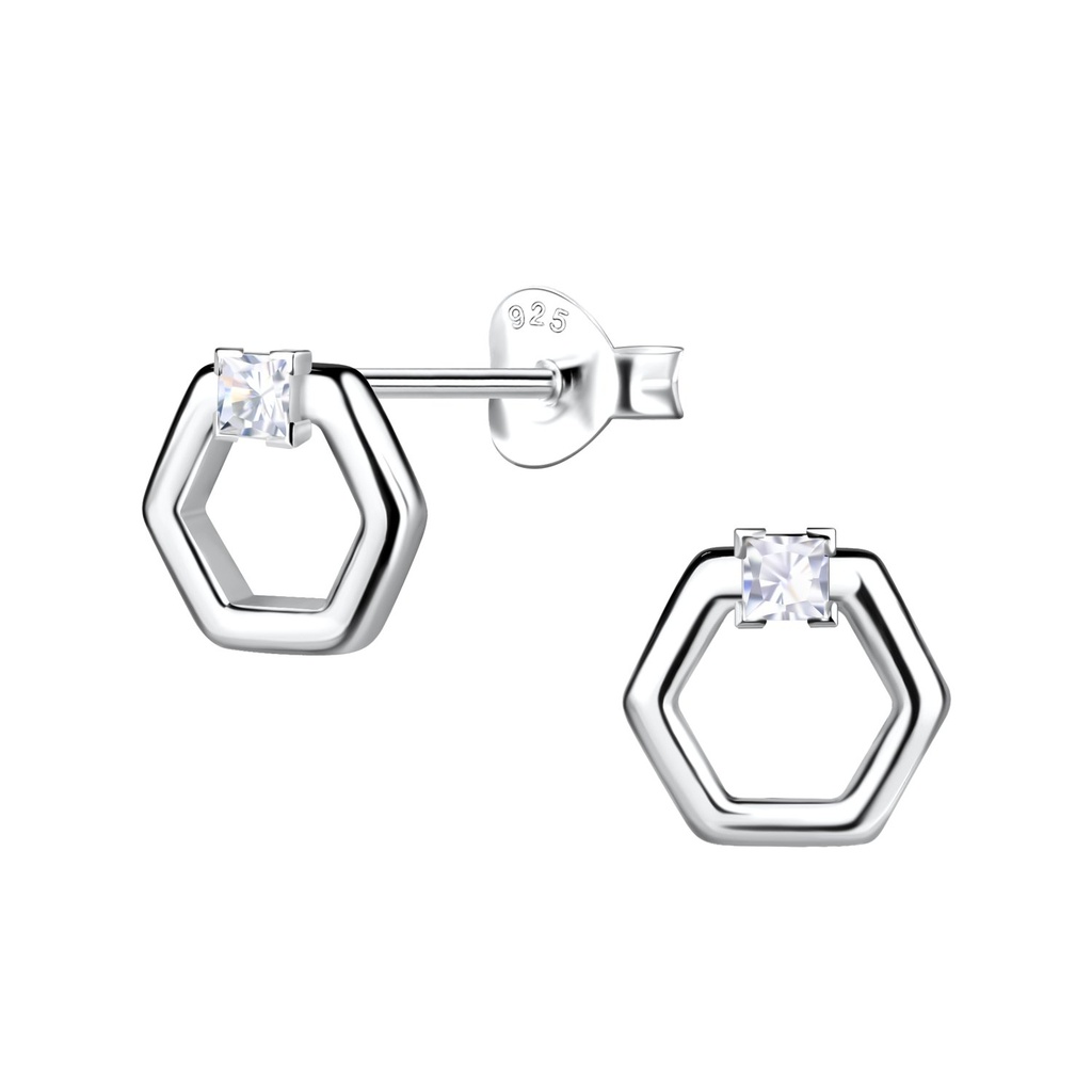 Silver Hexagon Stud Earrings